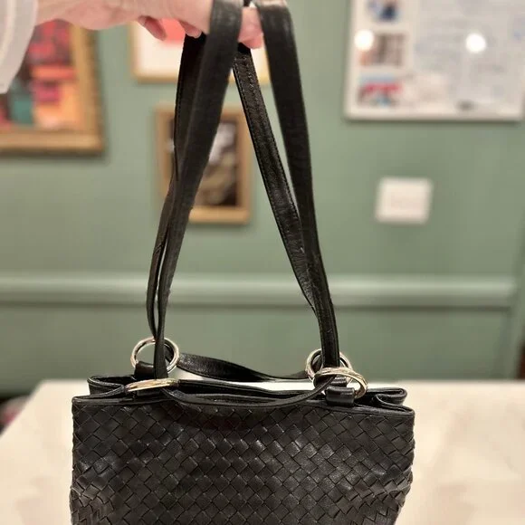 Etienne Aigner Black Woven Leather Convertible Strap Handbag Crossbody Shoulder - Picture 4 of 16